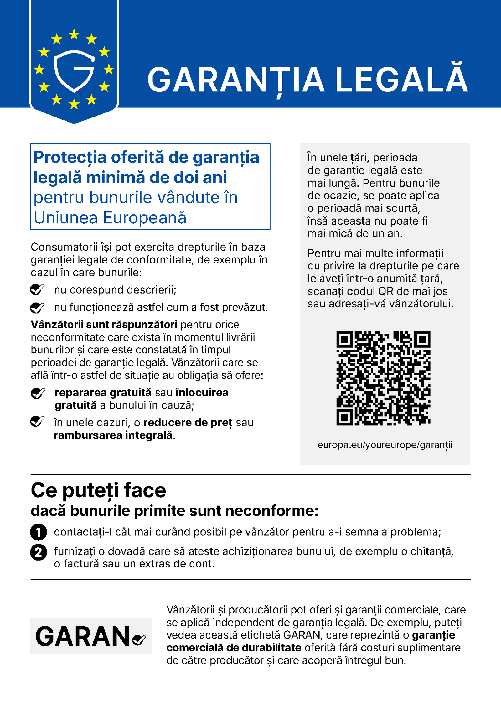 Notificare armonizată UE privind garanția legală de conformitate